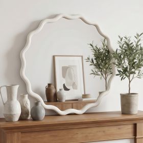 White 24 Inch Wavy Round Solid Wood Frame Decorative Mirror,For Bedroom, Bathroom, Living Room, Entryway White 24 Inch Wavy Round Solid Wood Frame Decorative Mirror,For Bedroom, Bathroom, Living Room, Entryway
