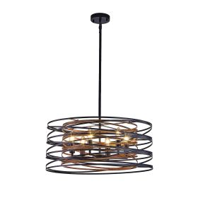 Industrial Cage Chandelier, Black and Walnut, 6-Light Industrial Cage Chandelier, Black and Walnut, 6-Light